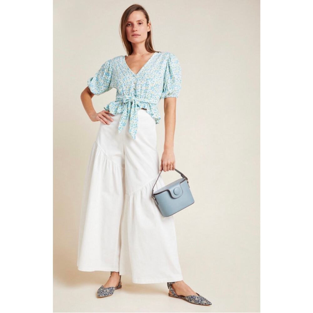 Anthropologie Corfu White Wide Leg Pants Asymmetrical Seam Side Zip Size 4